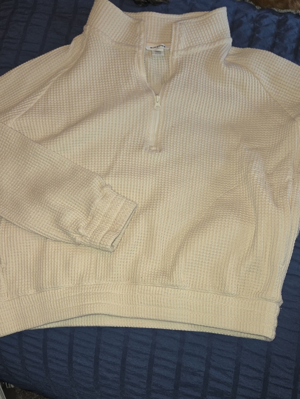 Waffle-Knit Half-Zip Pullover Hoodie - Cream